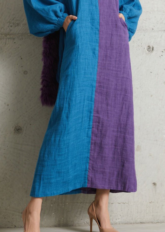 Colorblock Mock Neck Balloon Sleeve Side Pocket Linen Oversized Maxi Dress