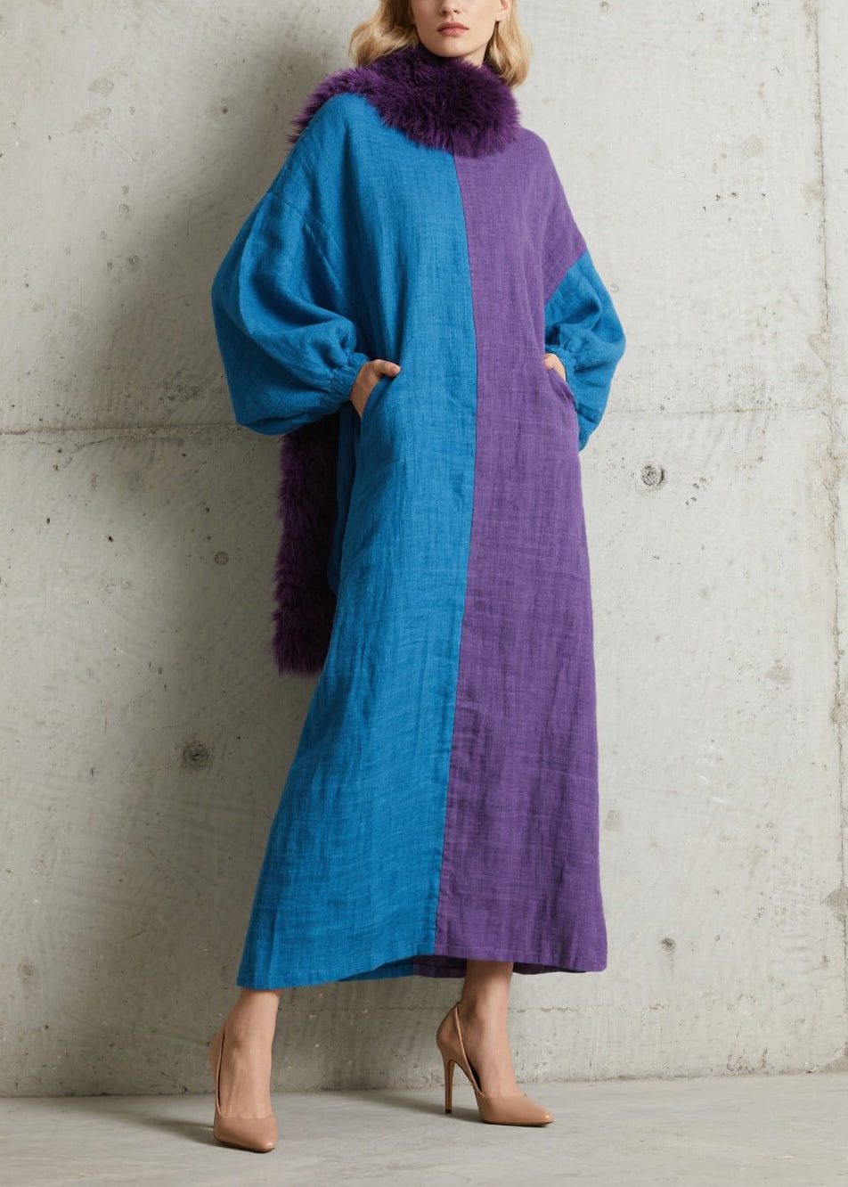 Colorblock Mock Neck Balloon Sleeve Side Pocket Linen Oversized Maxi Dress