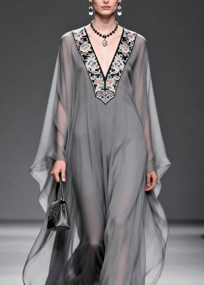 Deep V Neck Embroidered Bib Panel Chiffon Kaftan Maxi Dress