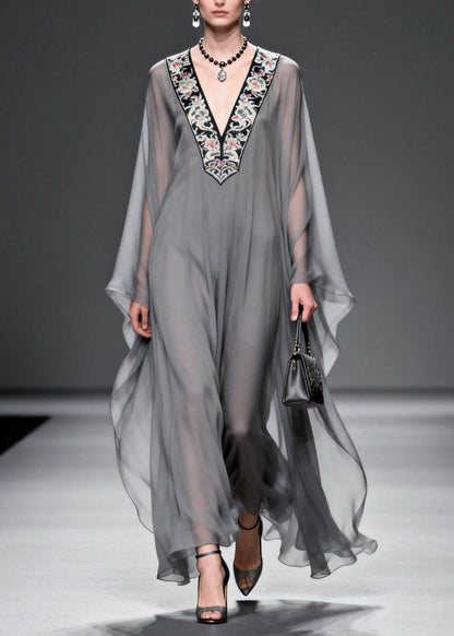 Deep V Neck Embroidered Bib Panel Chiffon Kaftan Maxi Dress