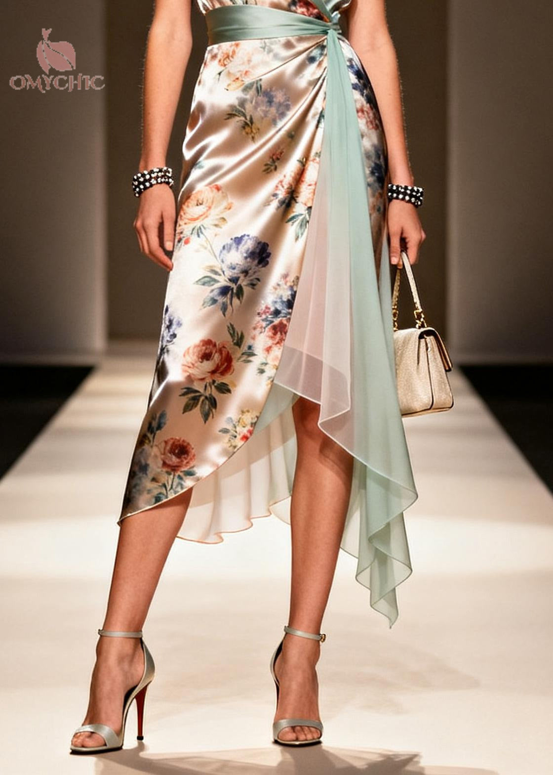 Surplice V-Neck Cap Sleeve Floral Wrap Handkerchief Hem Midi Dress