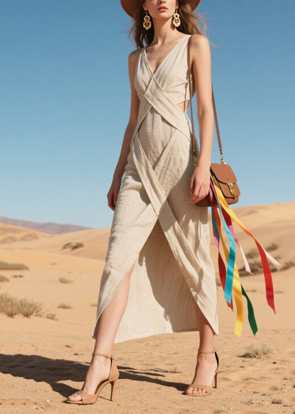Spaghetti Strap V-Neck Wrap Cutout Side Slit Linen Maxi Dress