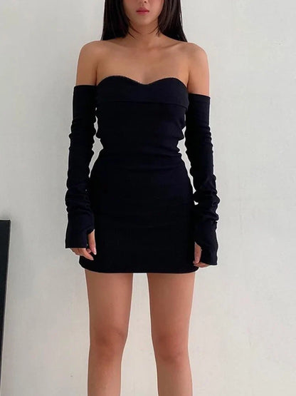 Off Shoulder Autumn Long Basic Black Slash Neck Clothes Midi Dresses