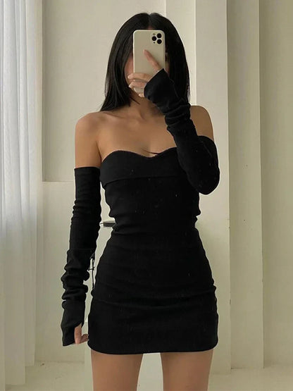 Off Shoulder Sweetheart Long Sleeve Thumbhole Bodycon Mini Dress