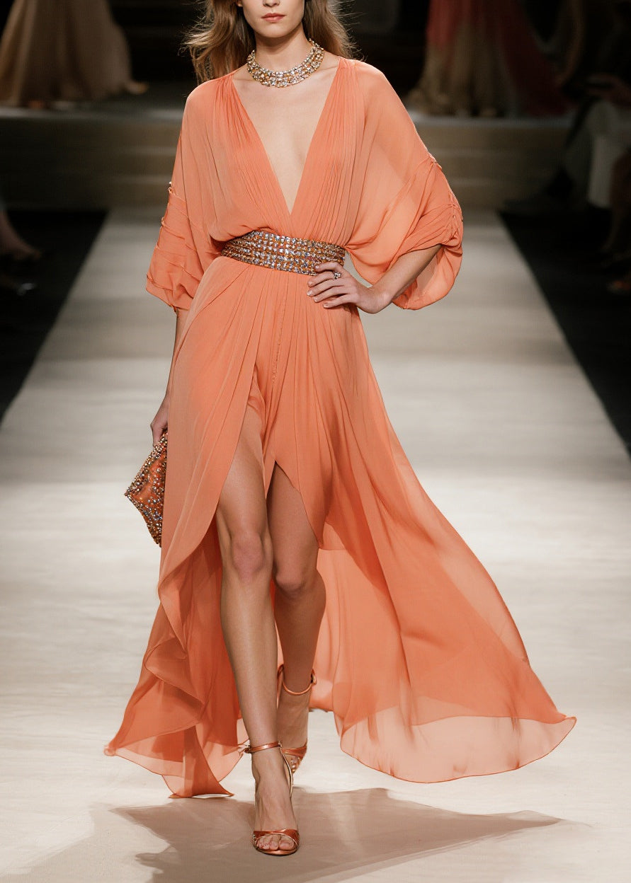 Deep V-Neck Long Sleeve Crystal Belt Embellished Front Slit Maxi Dress