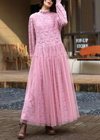 Floral Lace Mock Neck Long Sleeve Tiered Tulle Maxi Dress