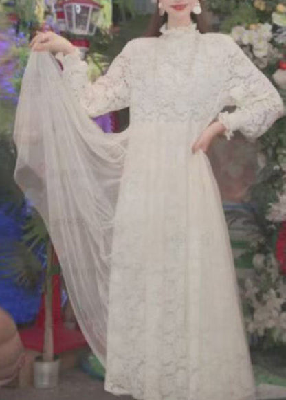 Floral Lace Mock Neck Long Sleeve Tiered Tulle Maxi Dress