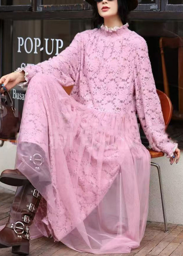 Floral Lace Mock Neck Long Sleeve Tiered Tulle Maxi Dress