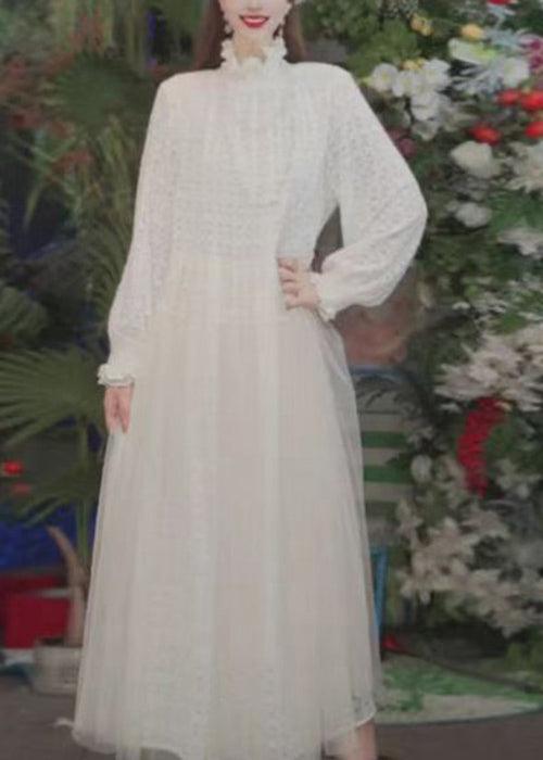 Floral Lace Mock Neck Long Sleeve Tiered Tulle Maxi Dress