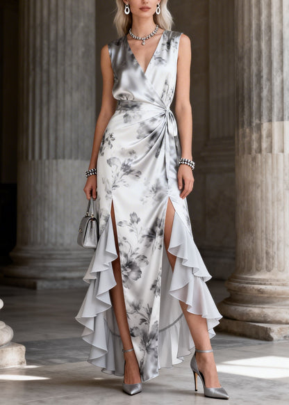 Sleeveless Deep V-Neck Wrap Belt Floral Print Ruffle Slit High-Low Maxi Gown