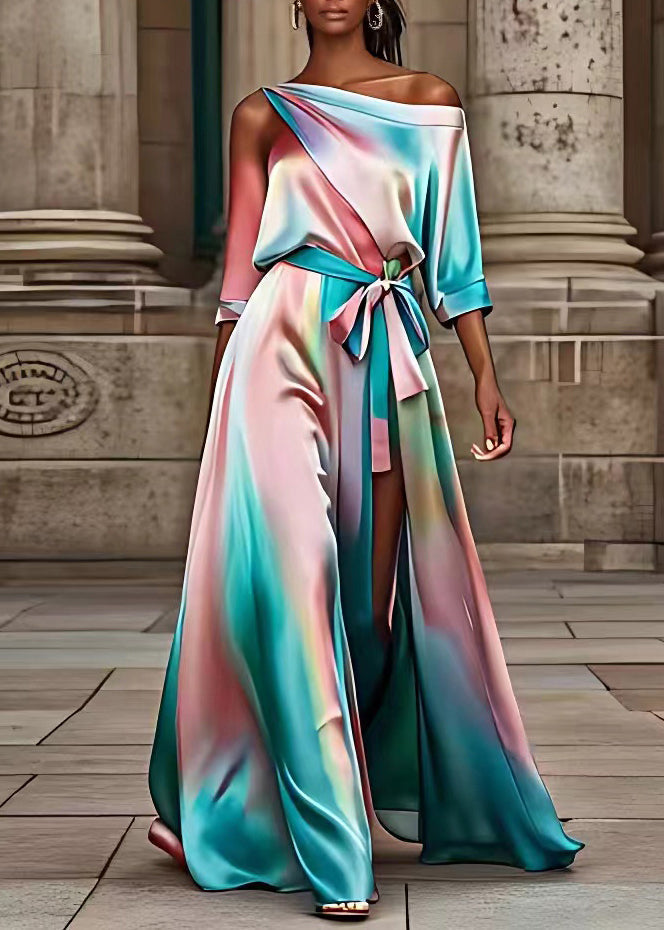 One Shoulder Satin Belt Tie High Slit Watercolor Maxi Dress