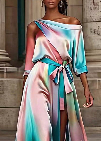 One Shoulder Satin Belt Tie High Slit Watercolor Maxi Dress