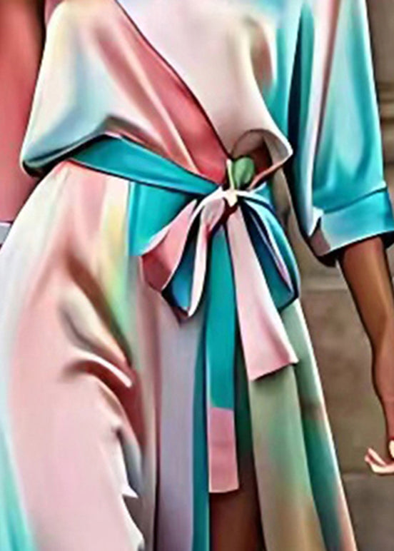One Shoulder Satin Belt Tie High Slit Watercolor Maxi Dress