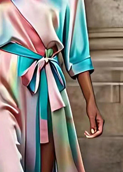 One Shoulder Satin Belt Tie High Slit Watercolor Maxi Dress