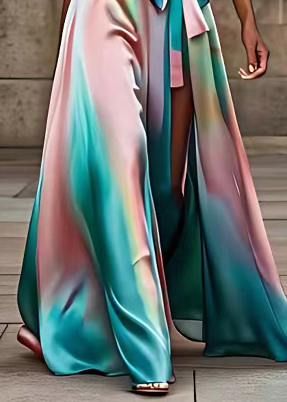 One Shoulder Satin Belt Tie High Slit Watercolor Maxi Dress