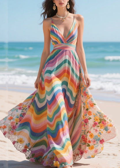 Spaghetti Strap Chevron Stripe Floral Gusset Maxi Dress