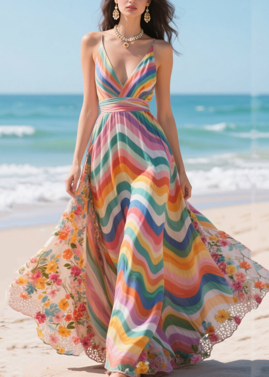Spaghetti Strap Chevron Stripe Floral Gusset Maxi Dress