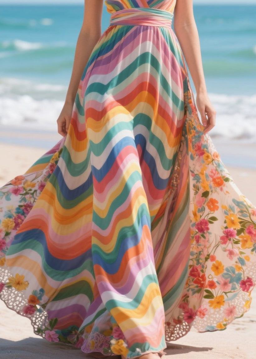 Spaghetti Strap Chevron Stripe Floral Gusset Maxi Dress