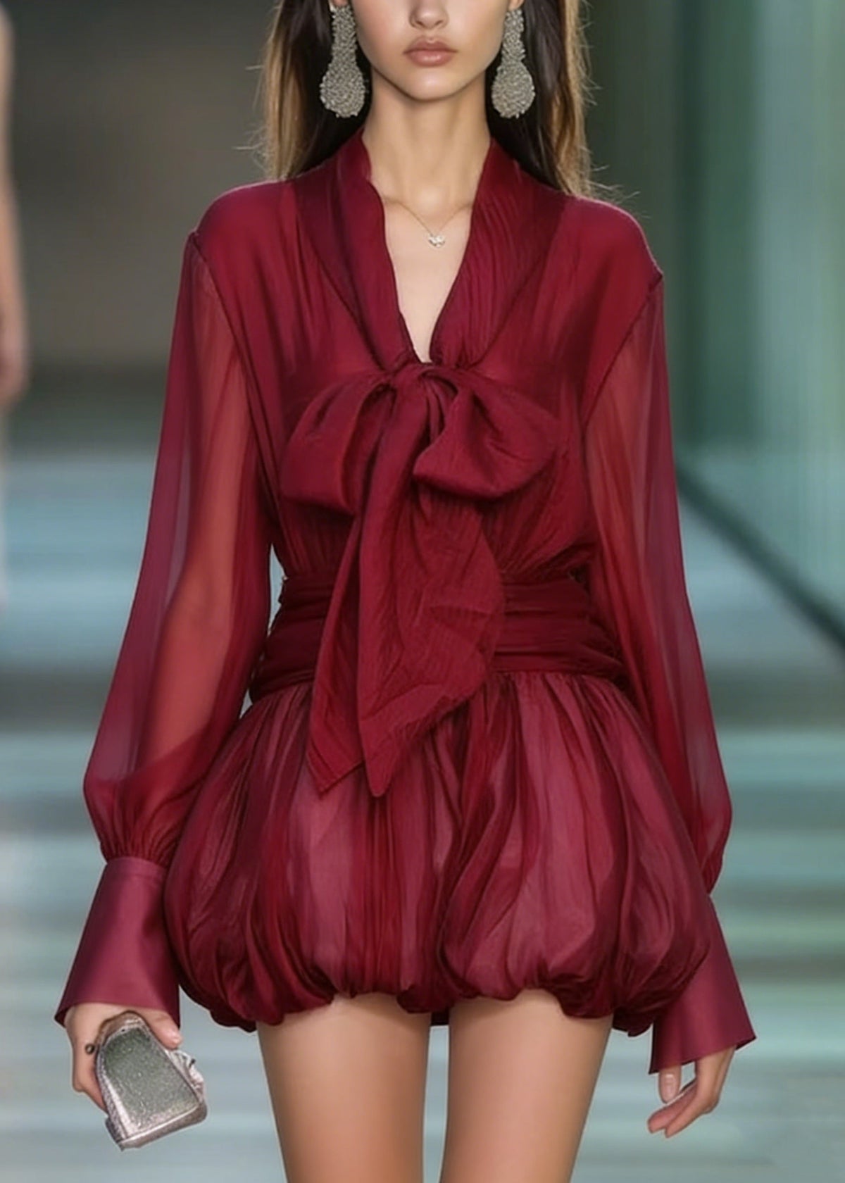 Deep V-Neck Pussy Bow Gathered Waist Bubble Skirt Lantern Sleeve Mini Dress
