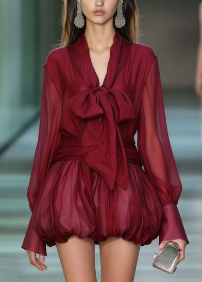 Deep V-Neck Pussy Bow Gathered Waist Bubble Skirt Lantern Sleeve Mini Dress