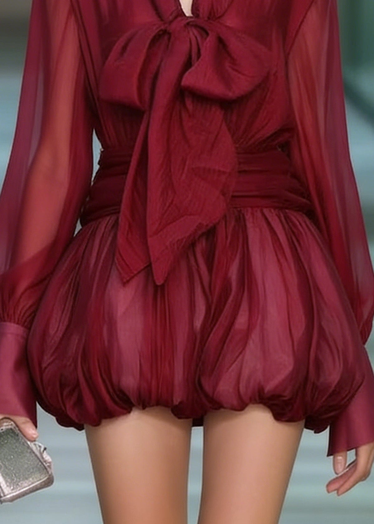 Deep V-Neck Pussy Bow Gathered Waist Bubble Skirt Lantern Sleeve Mini Dress