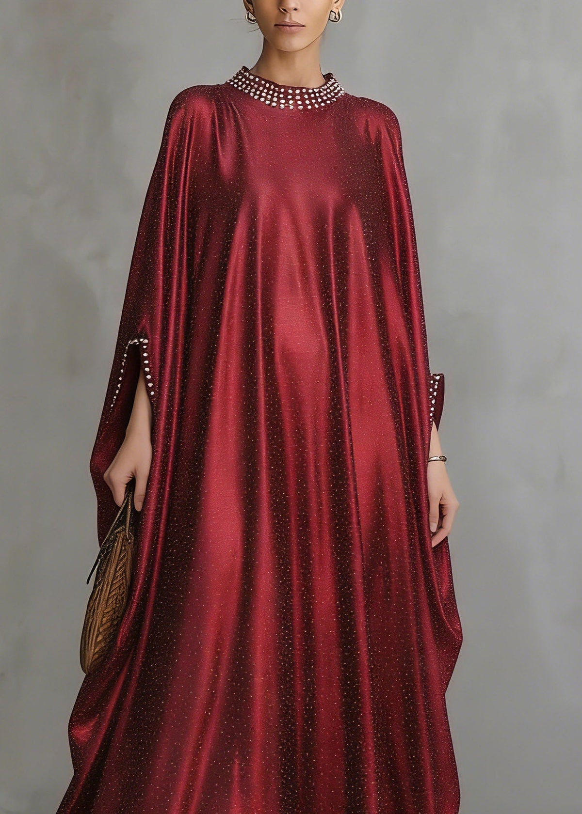 Crew Neck Pearl Trim Wide Sleeve Shimmering Metallic Floor-Length Gown