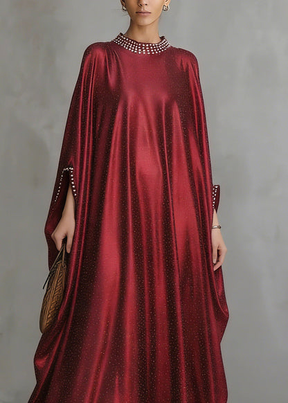Crew Neck Pearl Trim Wide Sleeve Shimmering Metallic Floor-Length Gown