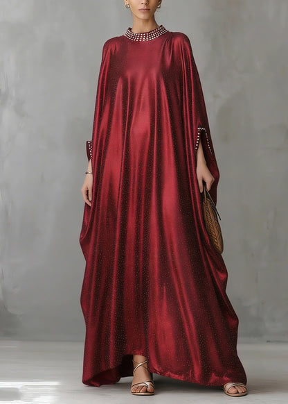 Crew Neck Pearl Trim Wide Sleeve Shimmering Metallic Floor-Length Gown