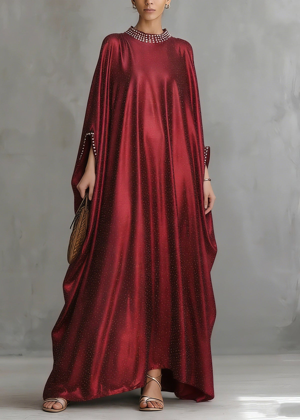 Crew Neck Pearl Trim Wide Sleeve Shimmering Metallic Floor-Length Gown
