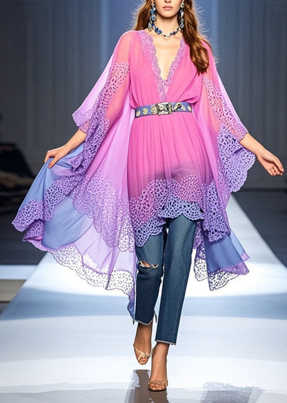 Deep V-Neck Lace Trim Batwing Sleeve Belted Sheer Kaftan Top