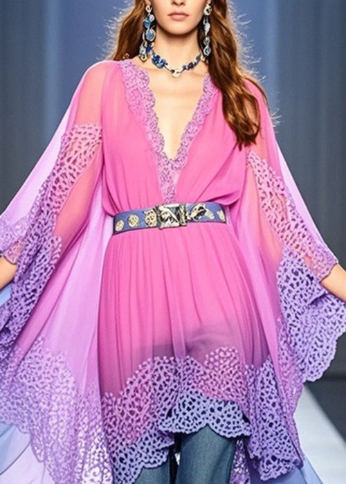 Deep V-Neck Lace Trim Batwing Sleeve Belted Sheer Kaftan Top