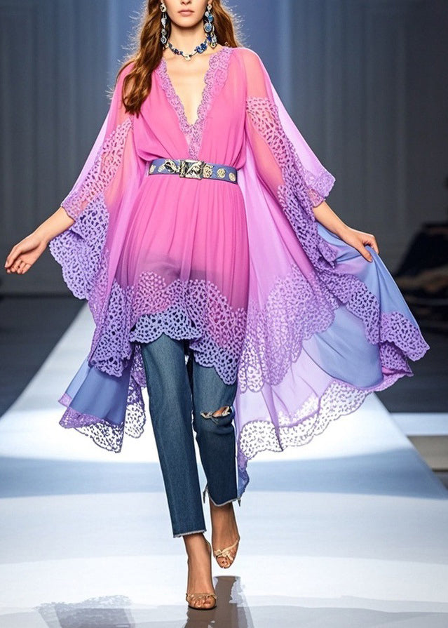 Deep V-Neck Lace Trim Batwing Sleeve Belted Sheer Kaftan Top