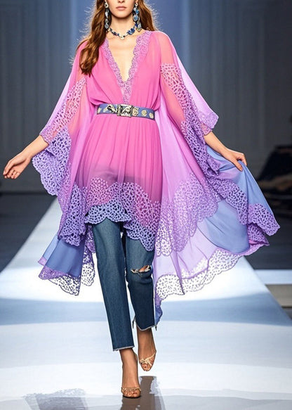 Deep V-Neck Lace Trim Batwing Sleeve Belted Sheer Kaftan Top