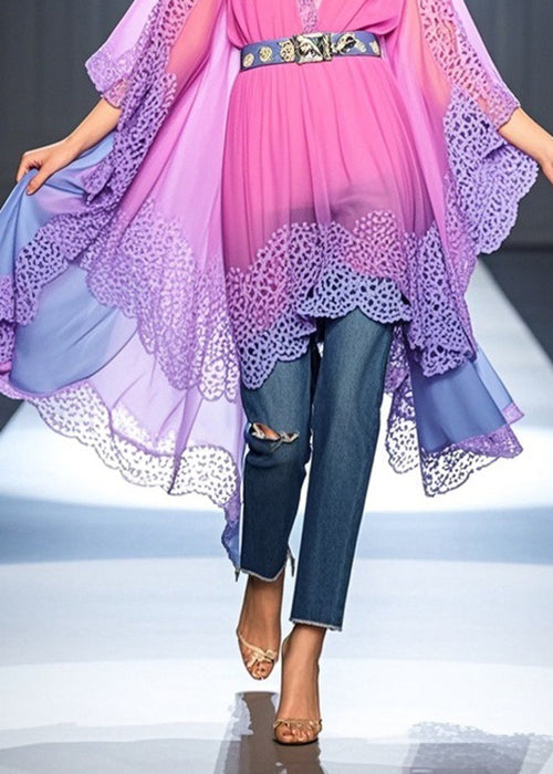 Deep V-Neck Lace Trim Batwing Sleeve Belted Sheer Kaftan Top
