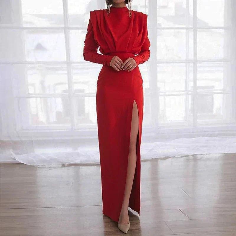 Fashion Pleated High Split Long Sleeve Maxi Dress