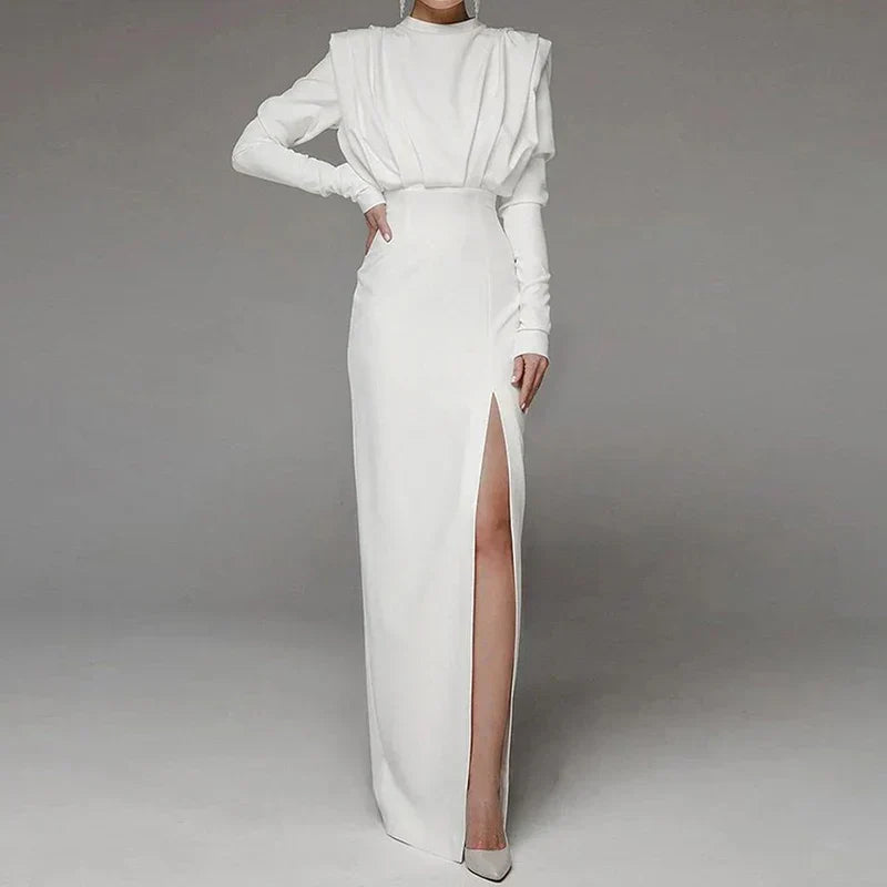 Fashion Pleated High Split Long Sleeve Maxi Dress