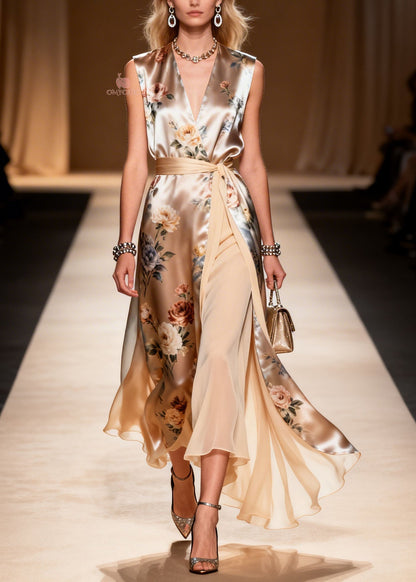 Deep V-Neck Wrap Sash Floral Print Tiered Ruffle Maxi Gown