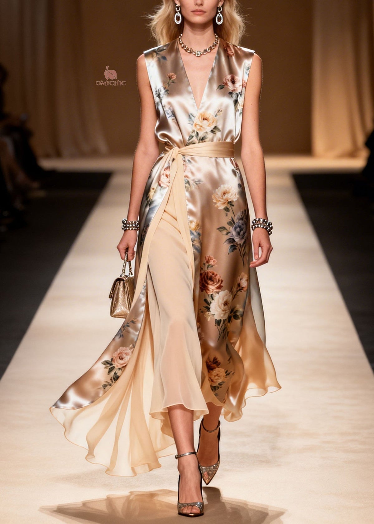 Deep V-Neck Wrap Sash Floral Print Tiered Ruffle Maxi Gown