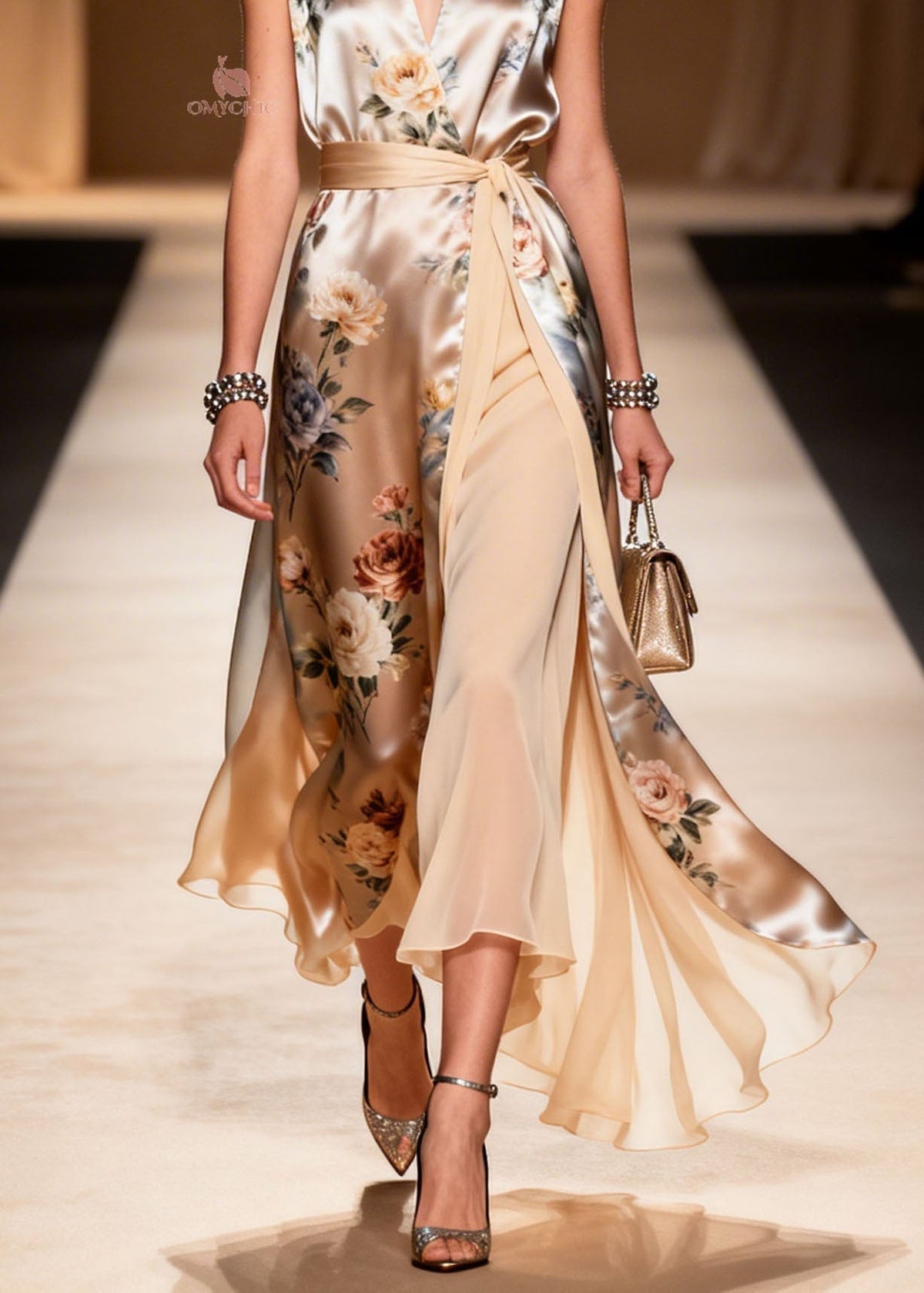 Deep V-Neck Wrap Sash Floral Print Tiered Ruffle Maxi Gown