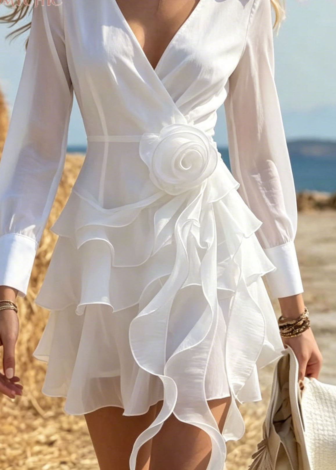 Pointed Collar Wrap V Neck Rosette Waist Tiered Ruffle Long Sleeve Mini Dress
