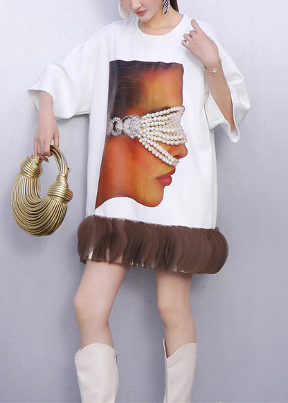 Portrait Print Balloon Hem Oversized Crew Neck T-Shirt Dress