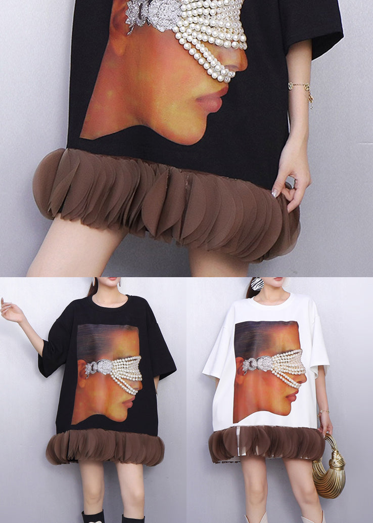 Portrait Print Balloon Hem Oversized Crew Neck T-Shirt Dress