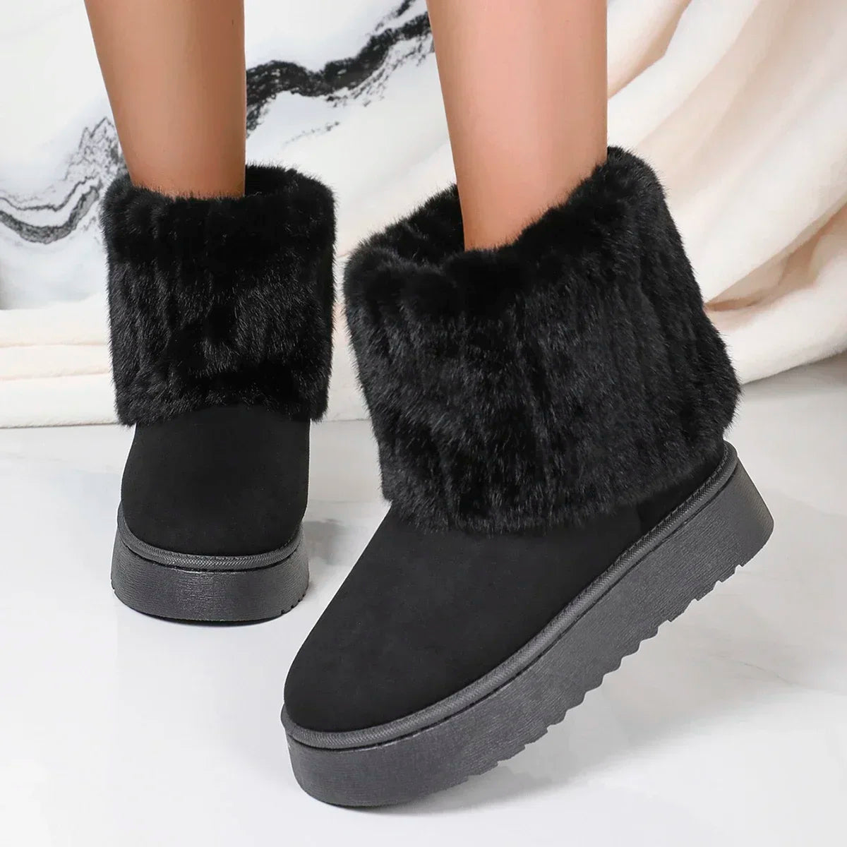 Fashion Women Round Toe Warm Thickened Plush Winter Beige Mid-calf Boots Thick Sole Casual Comfortable Anti-slip Women Snow B