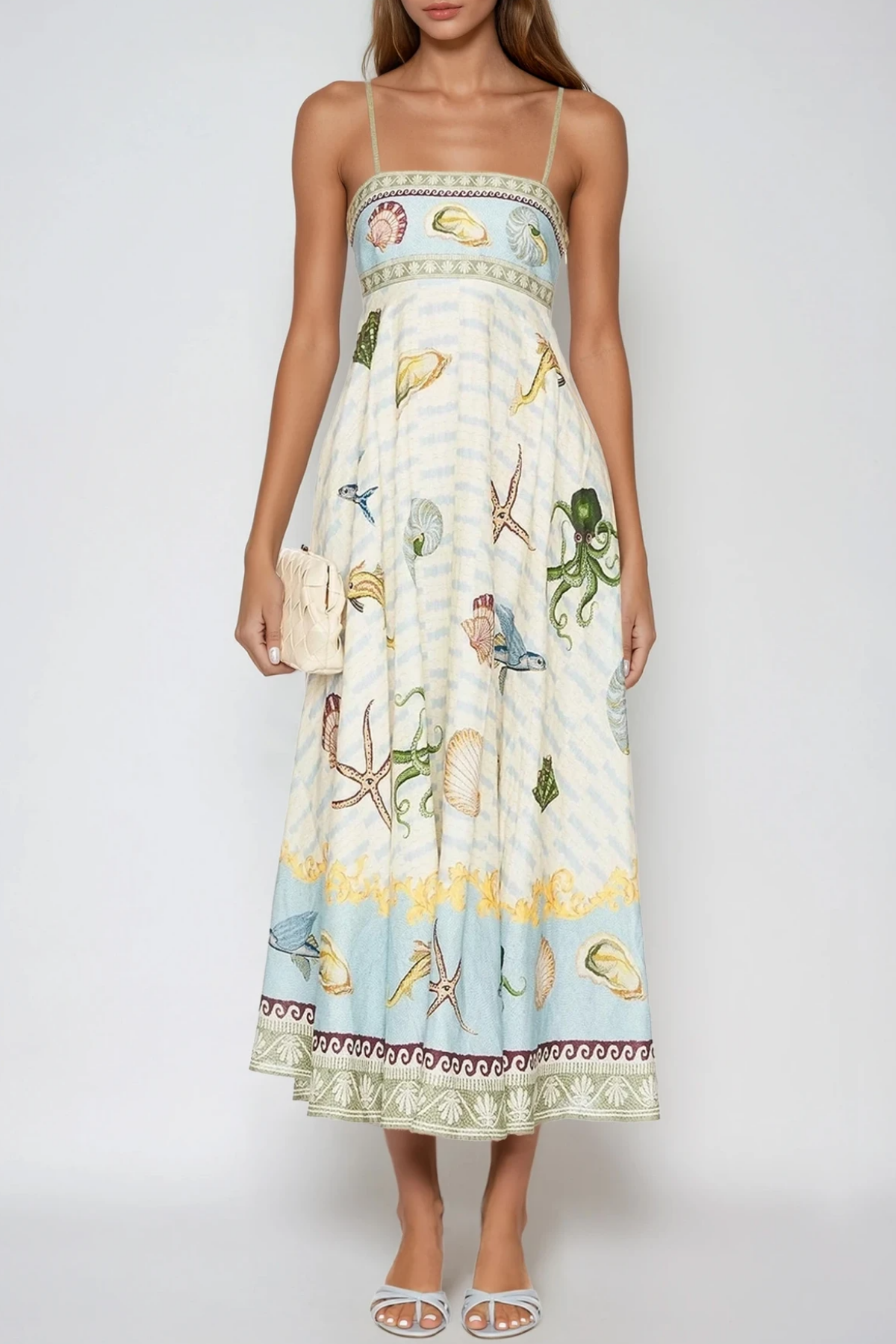 Square Neck Spaghetti Strap Sea Life Nautical Print A Line Midi Dress