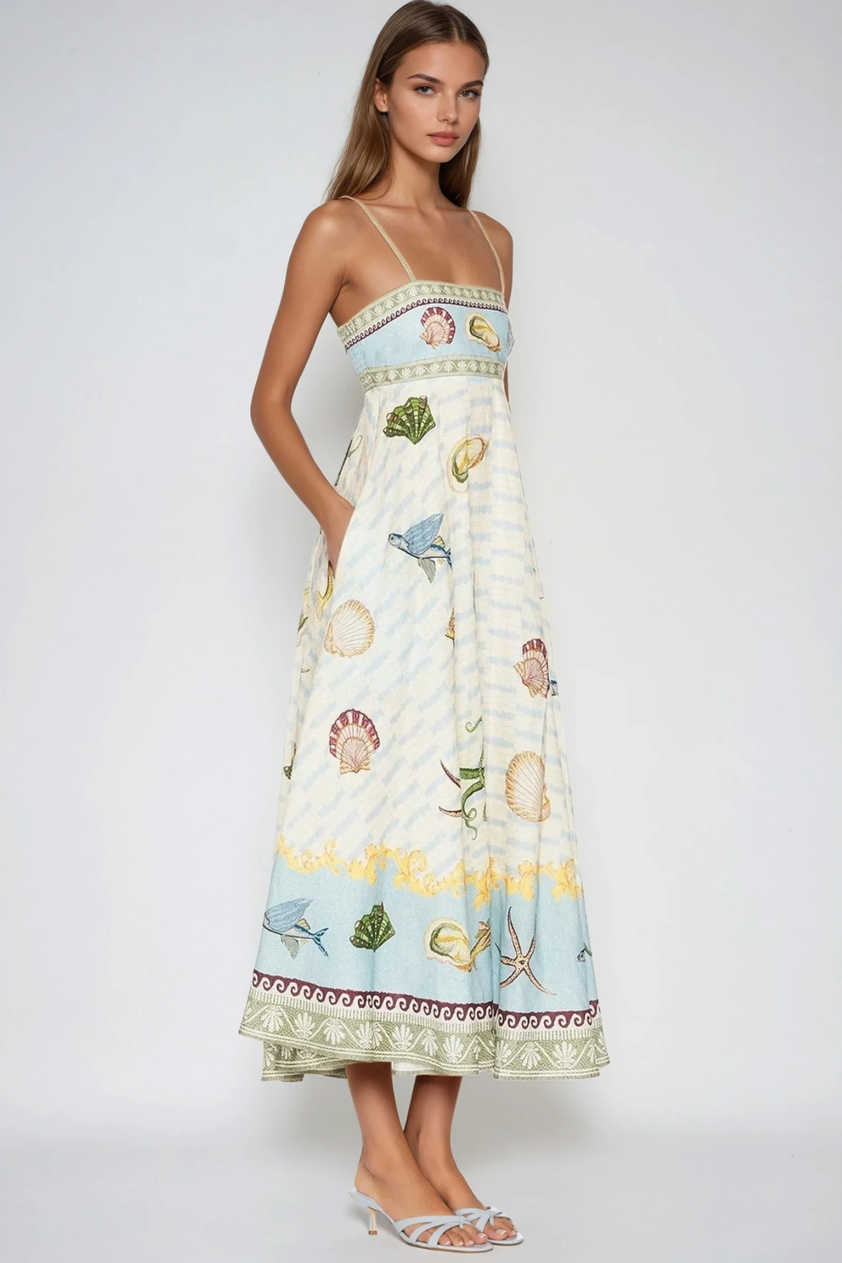 Square Neck Spaghetti Strap Sea Life Nautical Print A Line Midi Dress