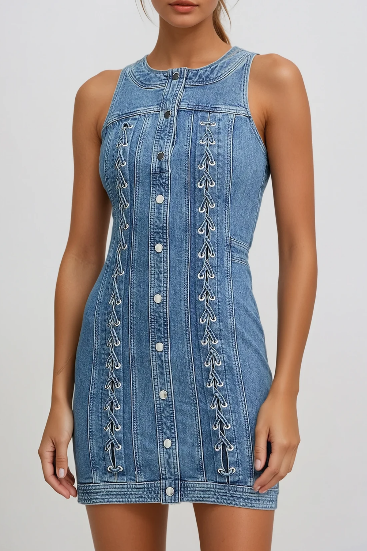 Round Neck Button Front Lace Up Panel Denim Mini Dress