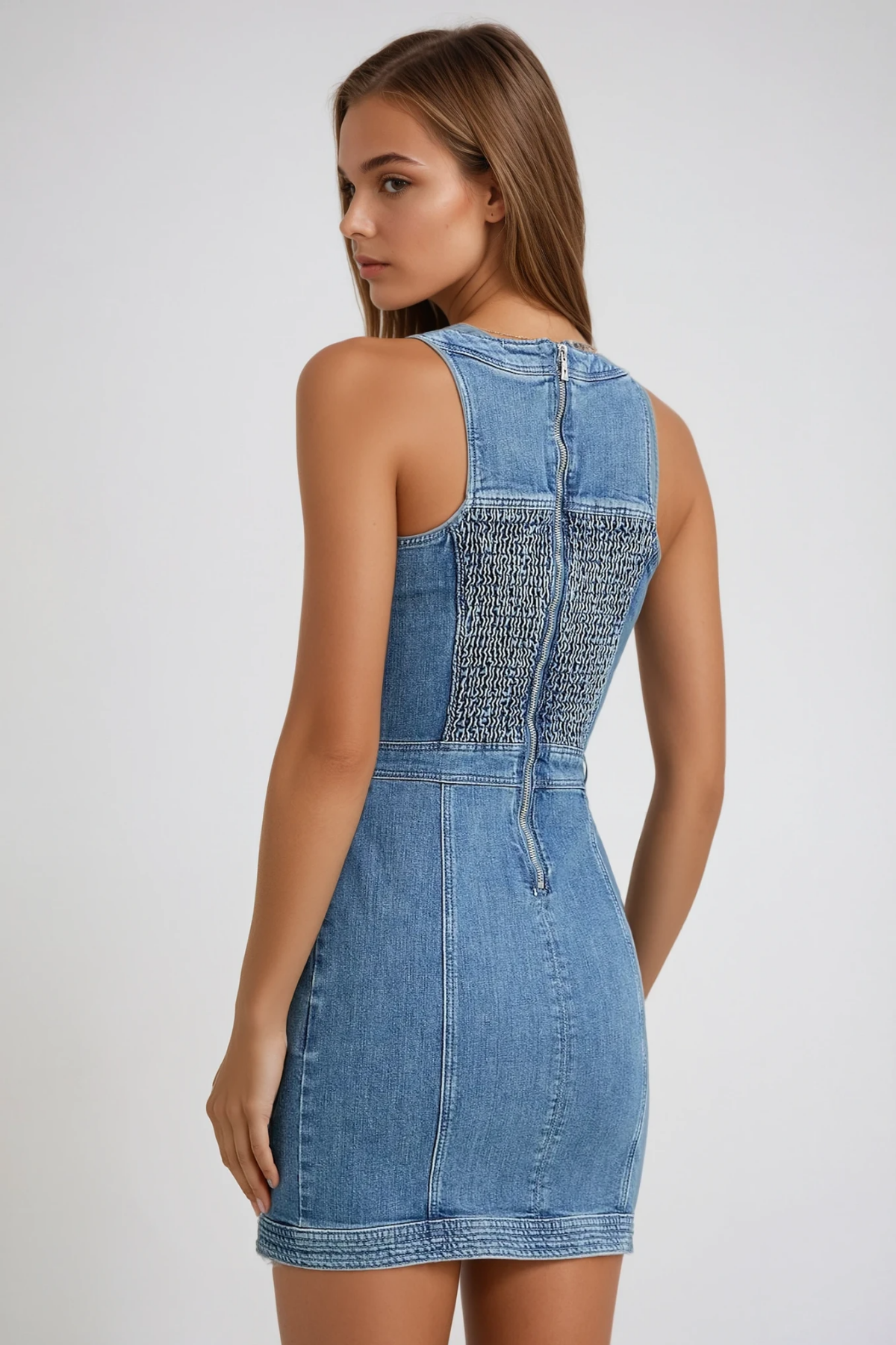 Round Neck Button Front Lace Up Panel Denim Mini Dress