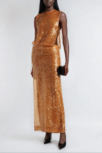 Tie Up Sequin Crop Top and Slit Maxi Skirt Set