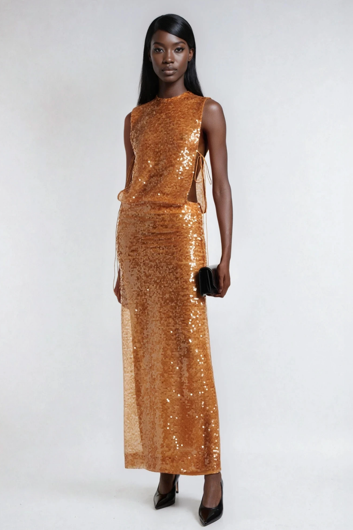 Tie Up Sequin Crop Top and Slit Maxi Skirt Set