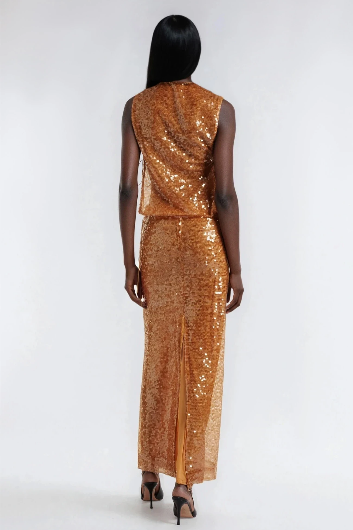 Tie Up Sequin Crop Top and Slit Maxi Skirt Set